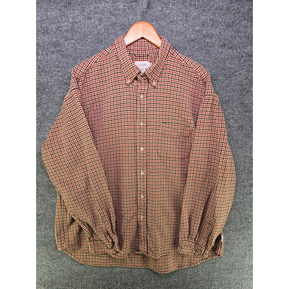 J.Crew Mens XL Houndstooth Button Down Shirt Red Black Tan Cotton Long Sleeve